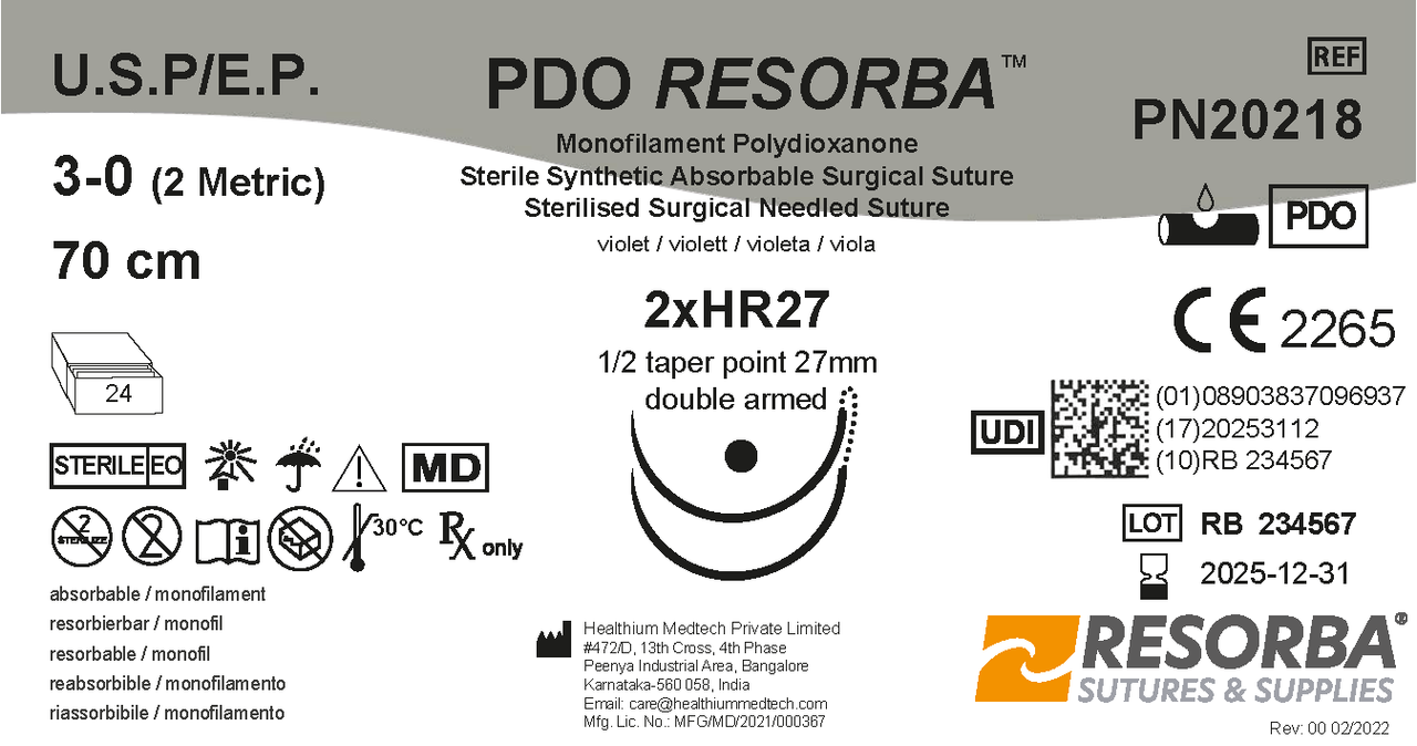 ПДО Ресорба USP3-0 фіолетовий, довжина 70см, дві колючі голки 27 мм, 1/2 кола